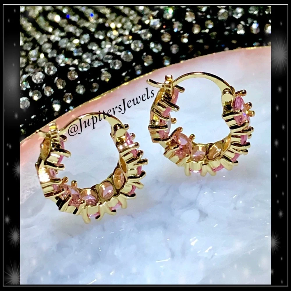 New 18k gold simulated diamond & pink amethyst chunky huggie earrings
